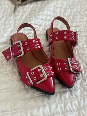 Madden Girl Red Patent Pointed-Toe Slingback Flats with Silver Buckles